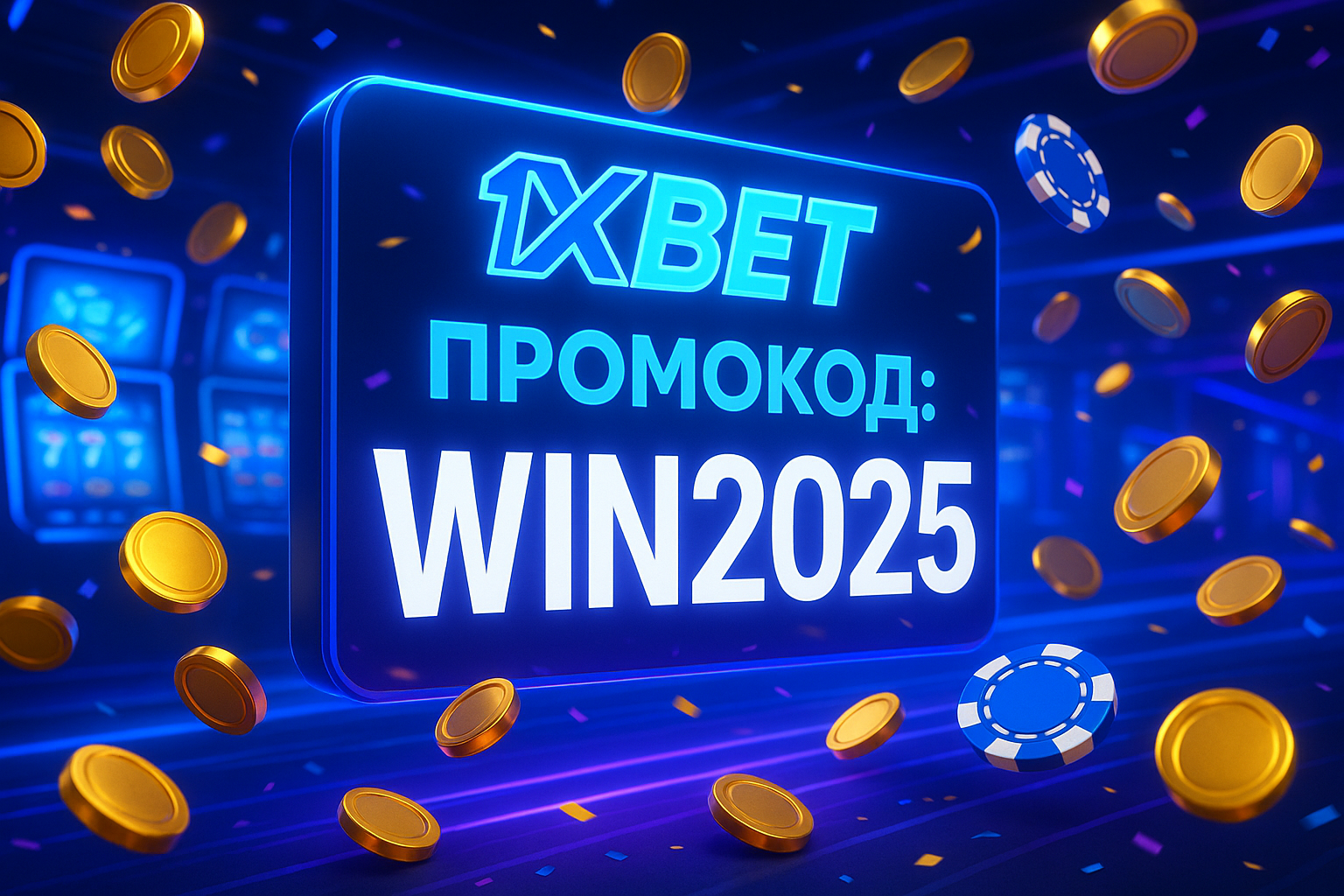 Графічний банер із промокодом 1 х Bet та коротким описом бонусної пропозиції